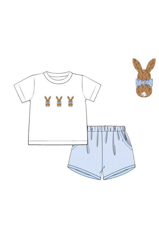 The Smocked Flamingo Apparel & Accessories Pre-Order French Knot Bunny Blue Knit Gingham Short Set