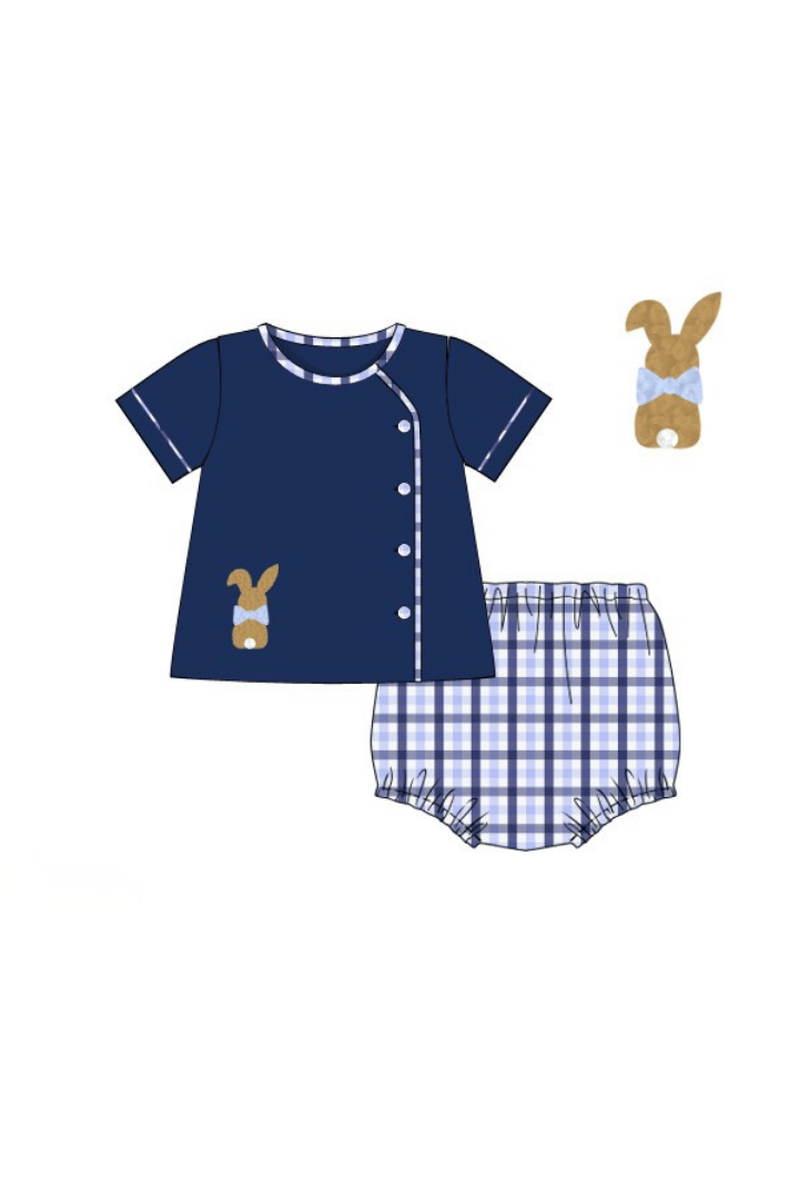 The Smocked Flamingo Apparel & Accessories Pre-Order French Knot Bunny Navy Plaid Button Diaper Set