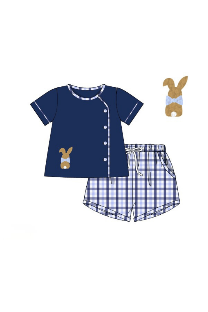 The Smocked Flamingo Apparel & Accessories Pre-Order French Knot Bunny Navy Plaid Button Short Set