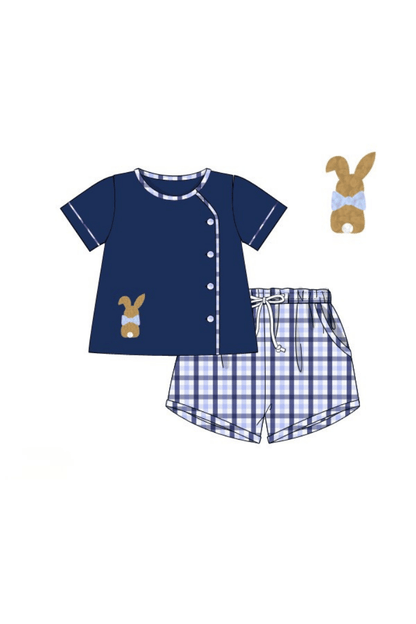 The Smocked Flamingo Apparel & Accessories Pre-Order French Knot Bunny Navy Plaid Button Short Set