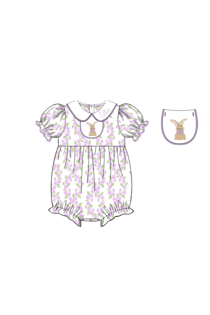 The Smocked Flamingo Apparel & Accessories Pre-Order French Knot Bunny Removable Tab Lavender Floral Bubble
