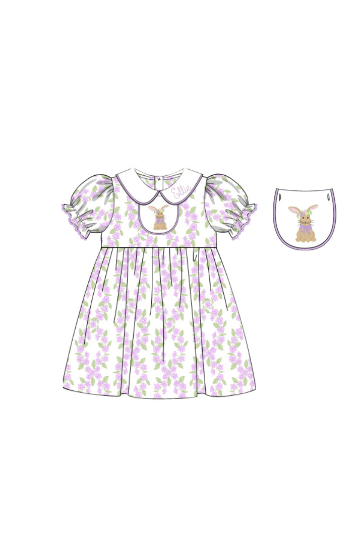 The Smocked Flamingo Apparel & Accessories Pre-Order French Knot Bunny Removable Tab Lavender Floral Dress