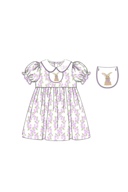 The Smocked Flamingo Apparel & Accessories Pre-Order French Knot Bunny Removable Tab Lavender Floral Dress