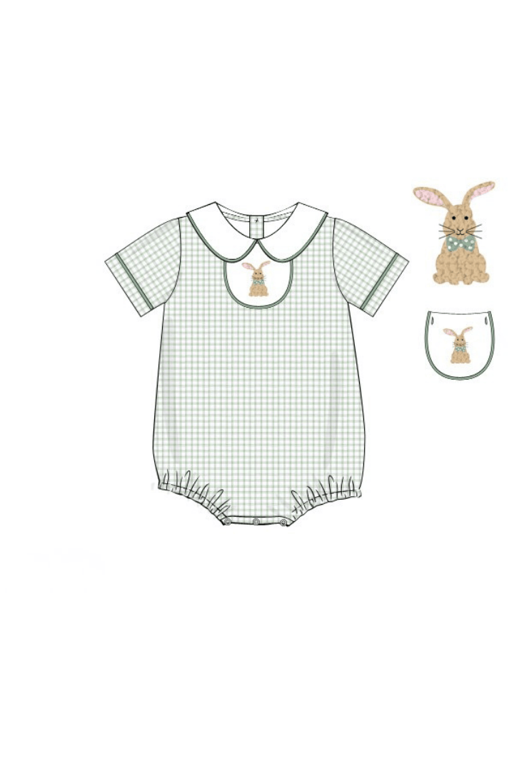 The Smocked Flamingo Apparel & Accessories Pre-Order French Knot Bunny Removable Tab Sage Windowpane Bubble