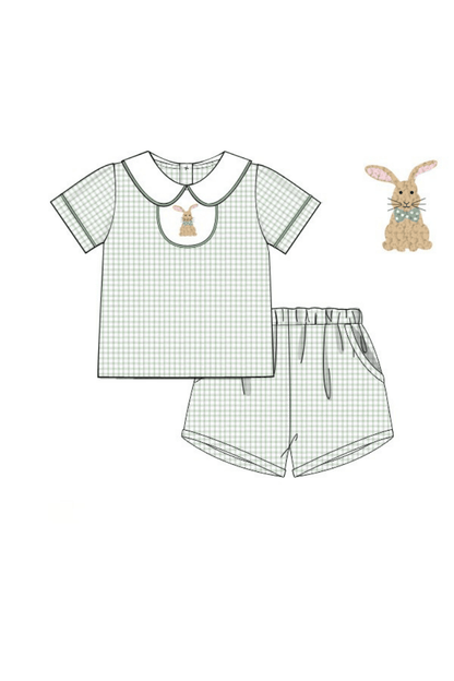 The Smocked Flamingo Apparel & Accessories Pre-Order French Knot Bunny Removable Tab Sage Windowpane Short Set