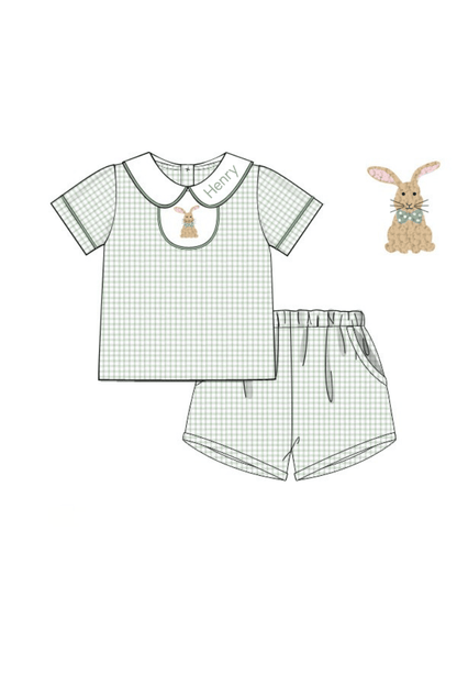 The Smocked Flamingo Apparel & Accessories Pre-Order French Knot Bunny Removable Tab Sage Windowpane Short Set