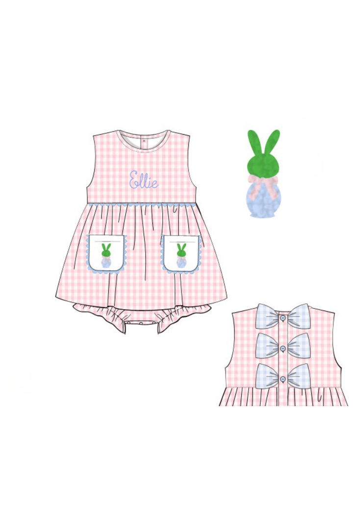 The Smocked Flamingo Apparel & Accessories Pre-Order French Knot Bunny Topiary Pink Gingham Skirted Bubble