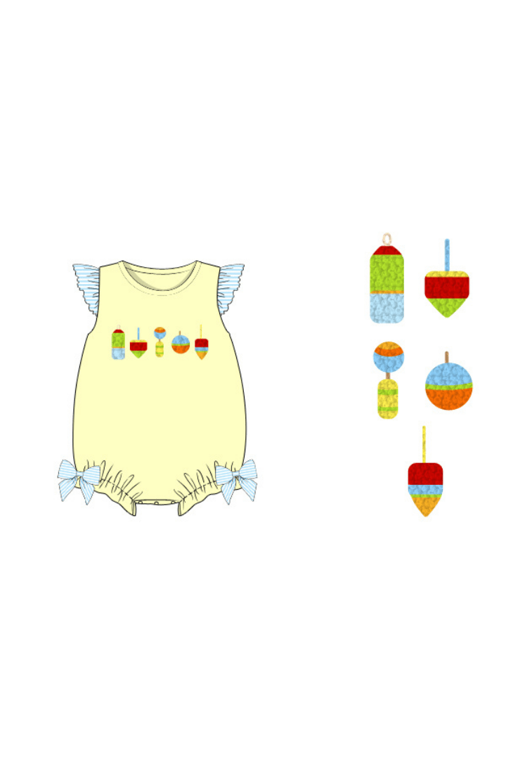 The Smocked Flamingo Apparel & Accessories Pre-Order French Knot Buoy Yellow/Blue Stripe Ruffle Bubble