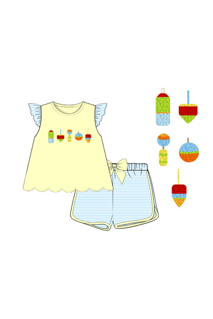 The Smocked Flamingo Apparel & Accessories Pre-Order French Knot Buoy Yellow/Blue Stripe Scalloped Short Set