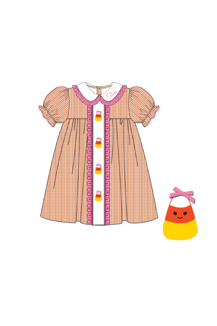 The Smocked Flamingo Apparel & Accessories Pre-Order French Knot Candy Corn Orange Gingham Ruffle Dress