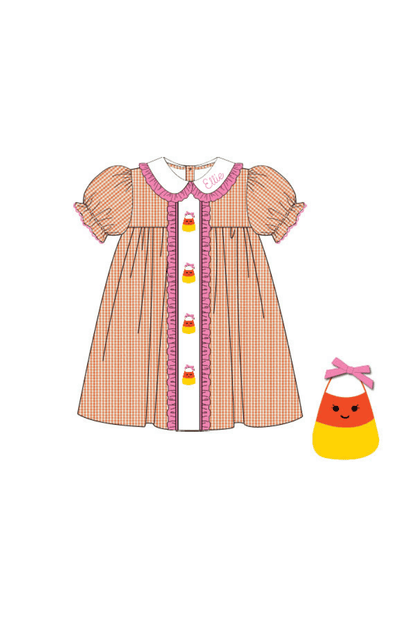 The Smocked Flamingo Apparel & Accessories Pre-Order French Knot Candy Corn Orange Gingham Ruffle Dress