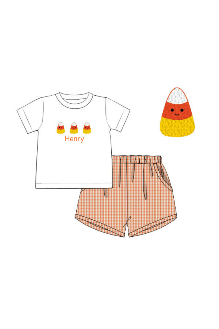 The Smocked Flamingo Apparel & Accessories Pre-Order French Knot Candy Corn Orange Gingham Short Set