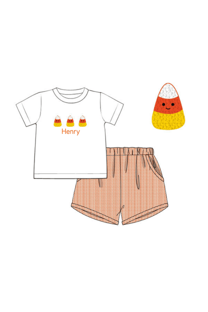 The Smocked Flamingo Apparel & Accessories Pre-Order French Knot Candy Corn Orange Gingham Short Set