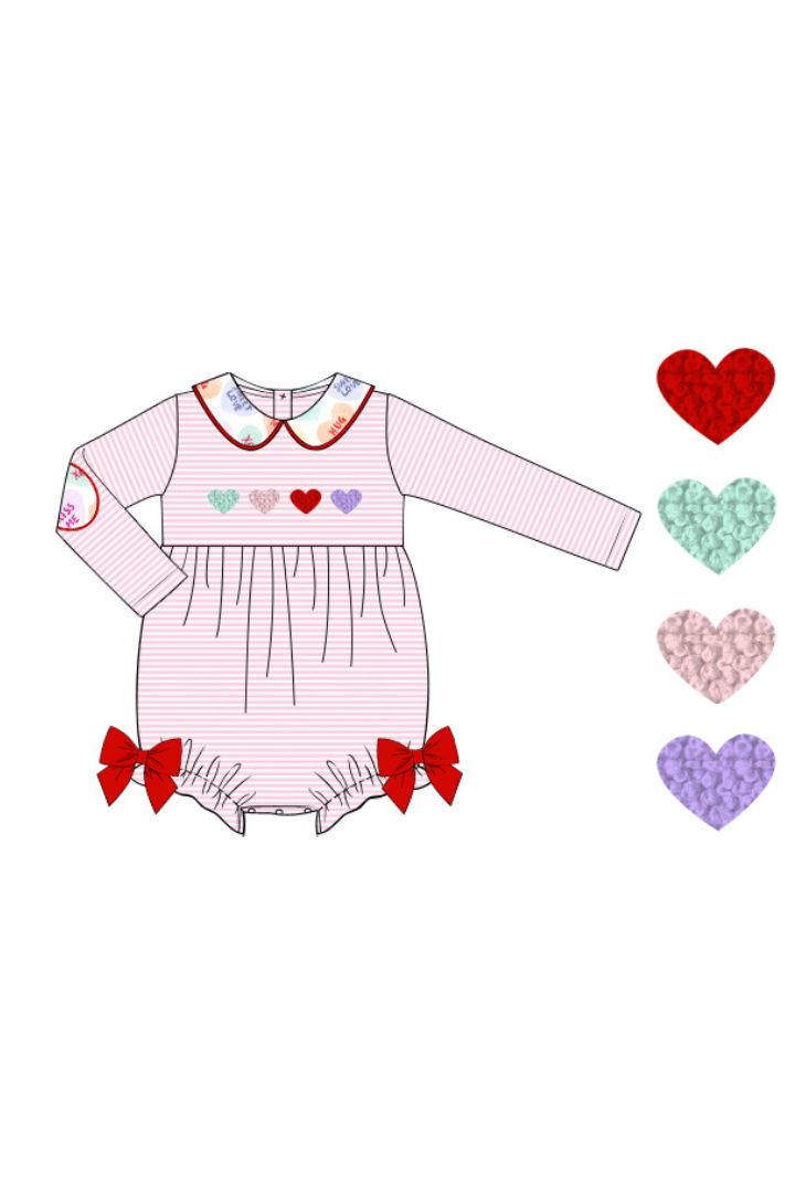 The Smocked Flamingo Apparel & Accessories Pre-Order French Knot Candy Heart Pink Stripe Bubble