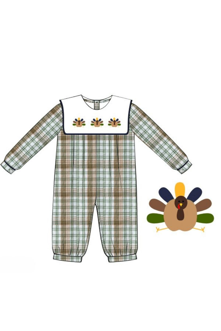 The Smocked Flamingo Apparel & Accessories Pre-Order French Knot Fall Plaid Turkey Romper