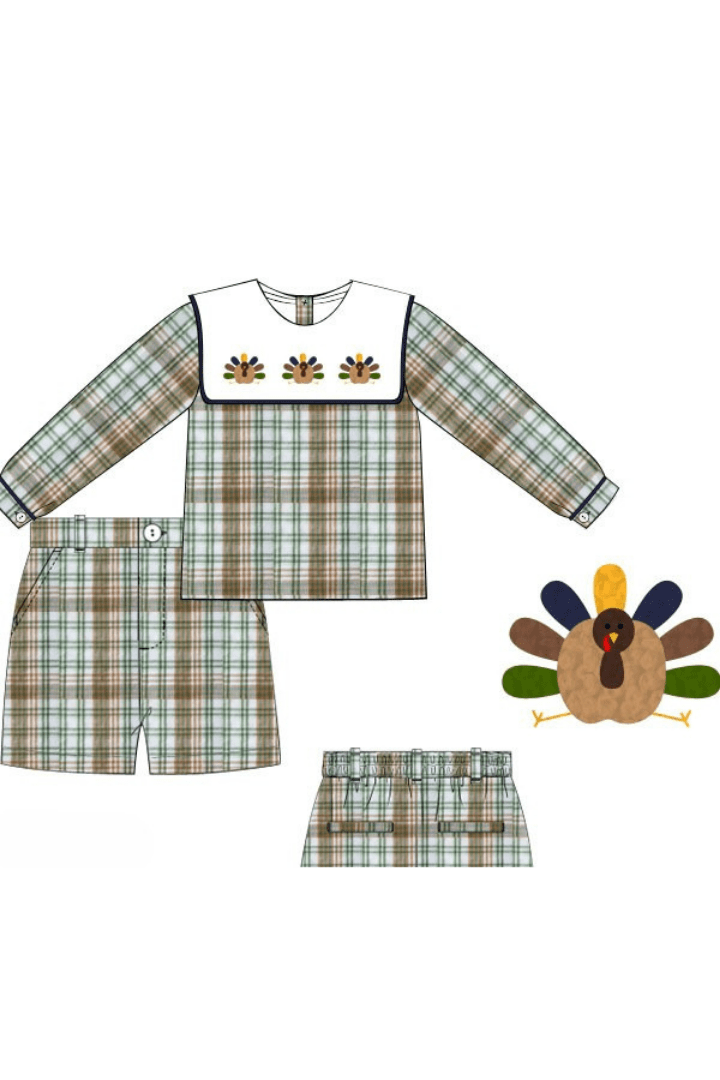 The Smocked Flamingo Apparel & Accessories Pre-Order French Knot Fall Plaid Turkey Short Set