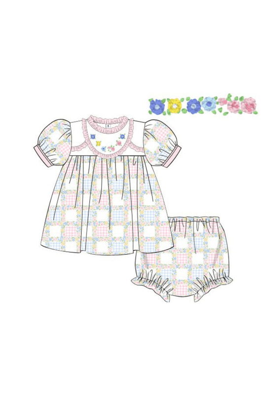 The Smocked Flamingo Apparel & Accessories Pre-Order French Knot Flower Patchwork Bloomer Set