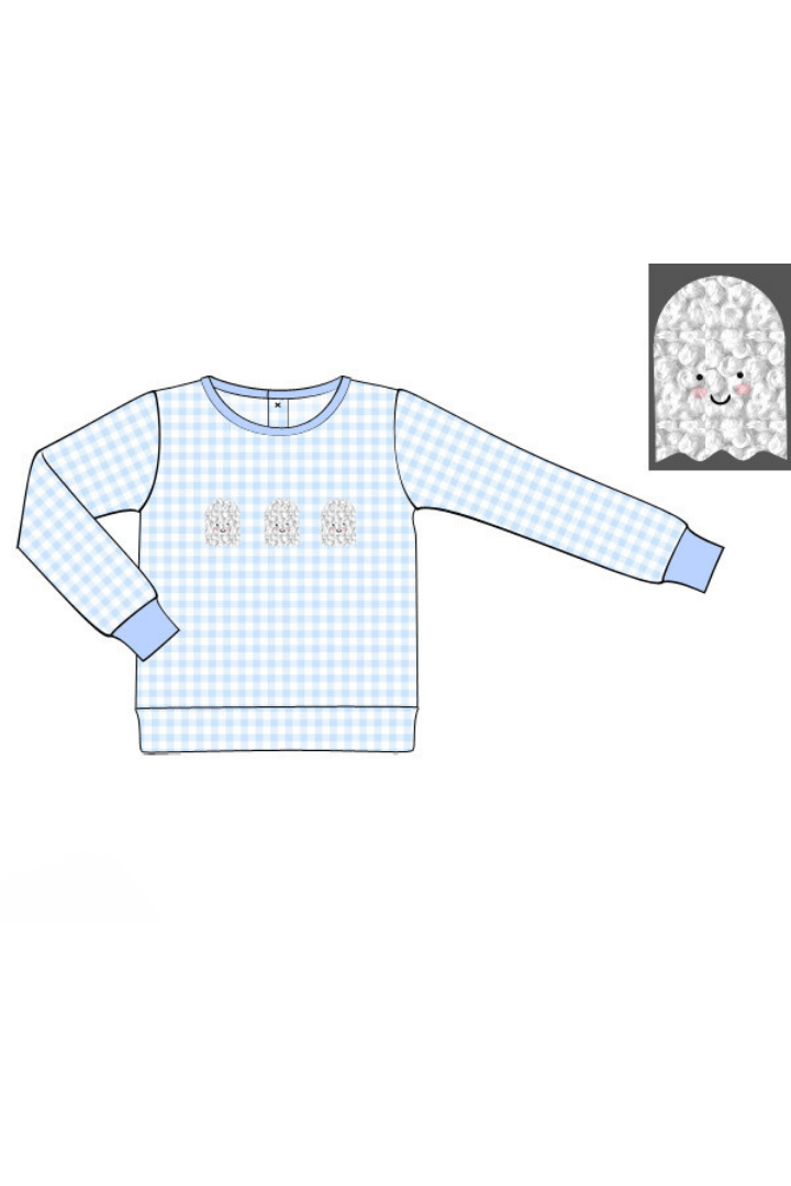 The Smocked Flamingo Apparel & Accessories Pre-Order French Knot Ghost Blue Gingham Lightweight Pullover