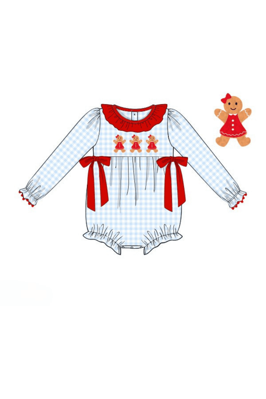 The Smocked Flamingo Apparel & Accessories Pre-Order French Knot Gingerbread Blue Gingham Ruffle Bubble