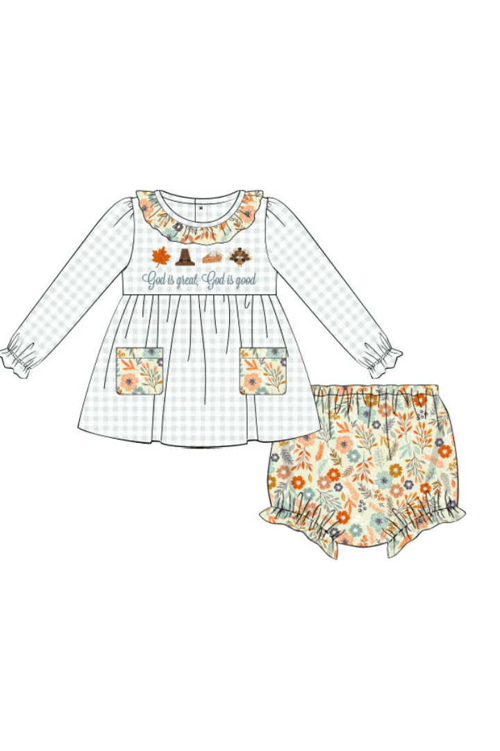The Smocked Flamingo Apparel & Accessories Pre-Order French Knot God is Great, God is Good Floral Bloomer Set