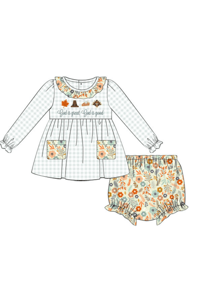 The Smocked Flamingo Apparel & Accessories Pre-Order French Knot God is Great, God is Good Floral Bloomer Set