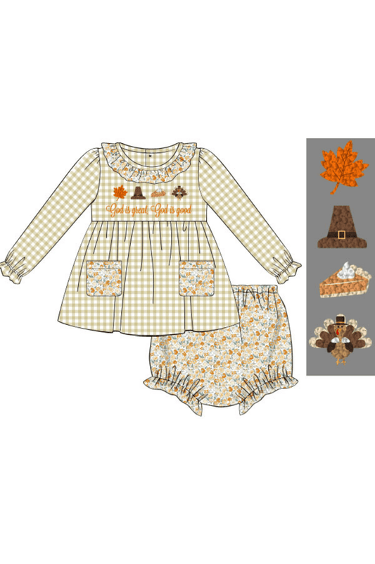 The Smocked Flamingo Apparel & Accessories Pre-Order French Knot God is Great, God is Good Floral Bloomer Set