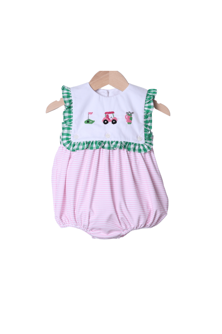 The Smocked Flamingo Apparel & Accessories Pre-Order French Knot Golf Pink Stipe Ruffle Bubble