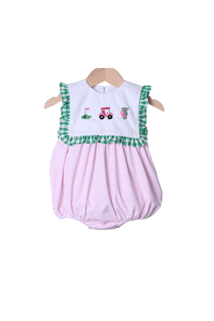 The Smocked Flamingo Apparel & Accessories Pre-Order French Knot Golf Pink Stipe Ruffle Bubble