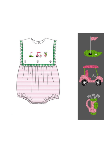 The Smocked Flamingo Apparel & Accessories Pre-Order French Knot Golf Pink Stipe Ruffle Bubble