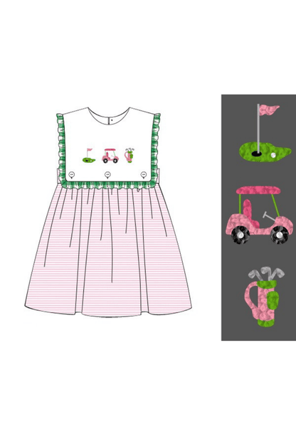 The Smocked Flamingo Apparel & Accessories Pre-Order French Knot Golf Pink Stipe Ruffle Dress