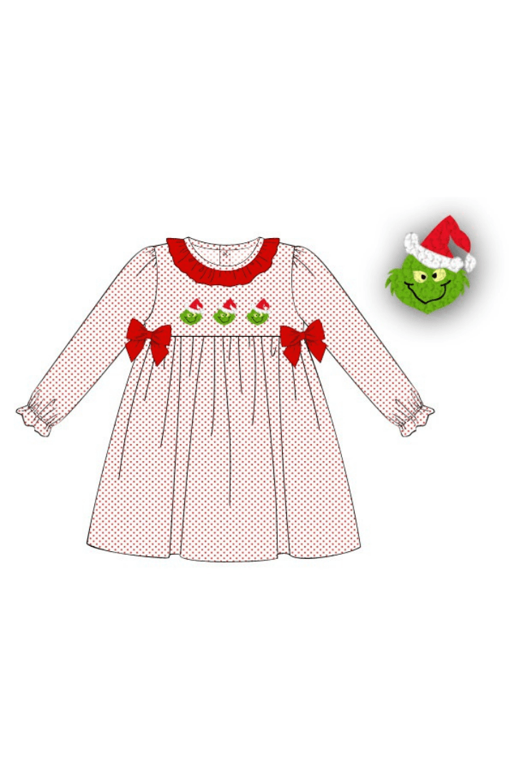 The Smocked Flamingo Apparel & Accessories Pre-Order French Knot Grouch Red Bitty Dot Dress