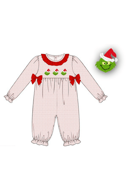 The Smocked Flamingo Apparel & Accessories Pre-Order French Knot Grouch Red Bitty Dot Romper