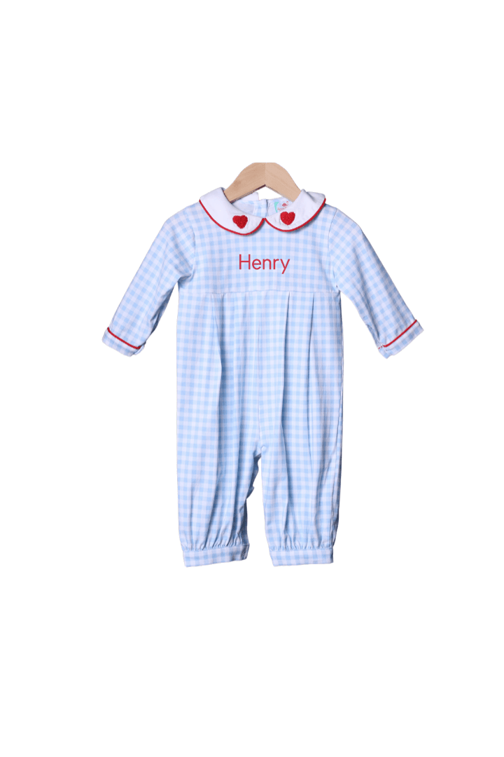 The Smocked Flamingo Apparel & Accessories Pre-Order French Knot Heart Blue Gingham and Romper