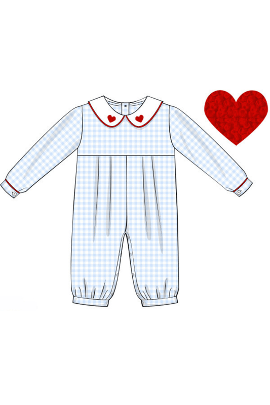 The Smocked Flamingo Apparel & Accessories Pre-Order French Knot Heart Blue Gingham and Romper