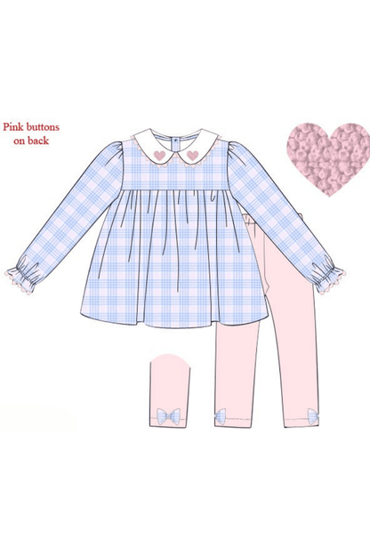 The Smocked Flamingo Apparel & Accessories Pre-Order French Knot Heart Pink/Blue Seersucker Plaid Pant Set