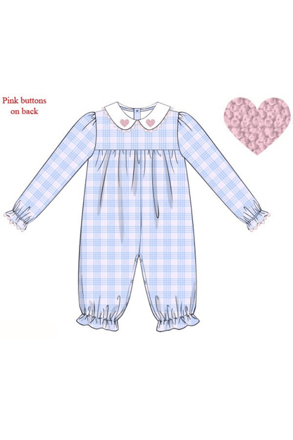 The Smocked Flamingo Apparel & Accessories Pre-Order French Knot Heart Pink/Blue Seersucker Plaid Romper