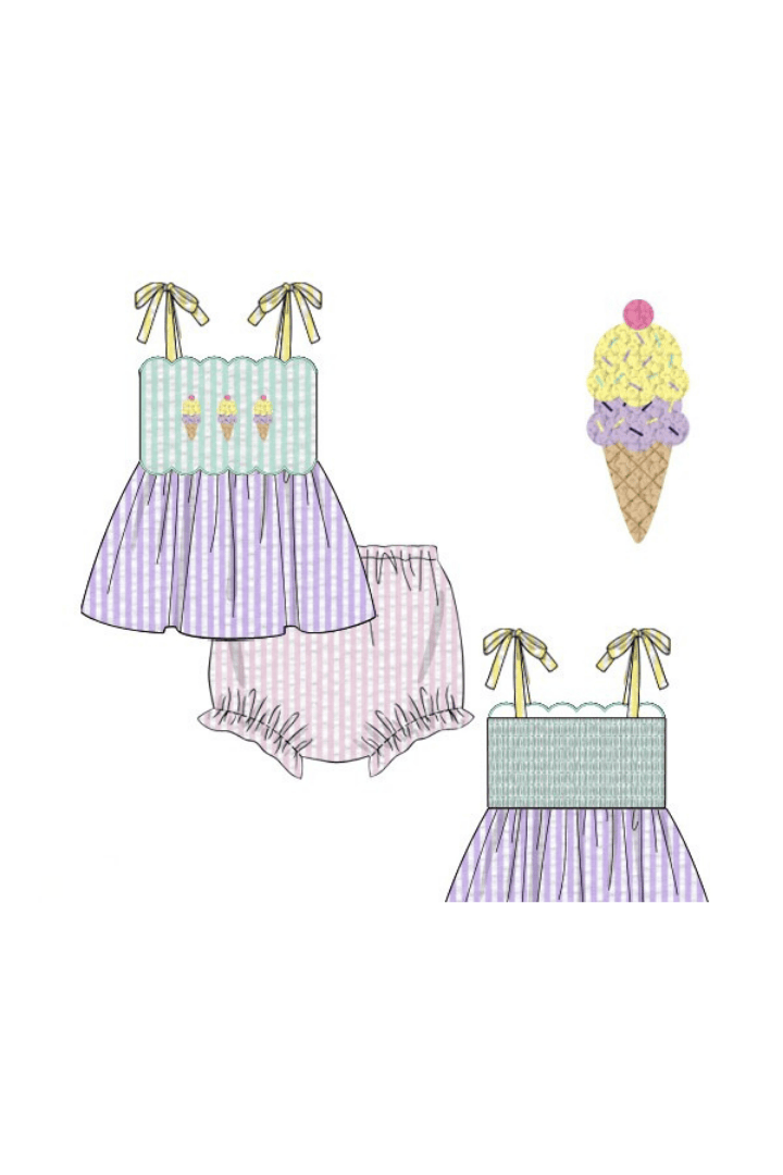 The Smocked Flamingo Apparel & Accessories Pre-Order French Knot Ice Cream Seersucker Bloomer Set