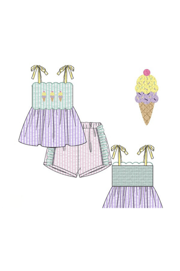 The Smocked Flamingo Apparel & Accessories Pre-Order French Knot Ice Cream Seersucker Short Set