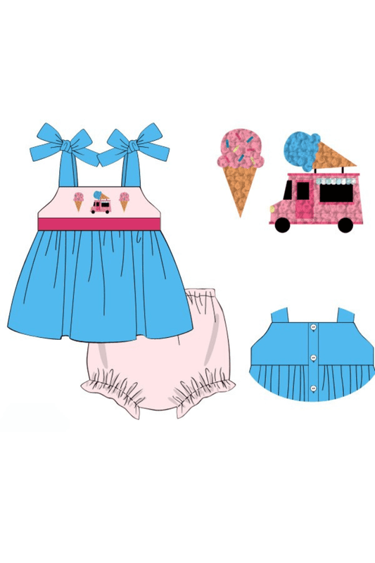 The Smocked Flamingo Apparel & Accessories Pre-Order French Knot Ice Cream Truck Aqua/Pink Knit Bloomer Set