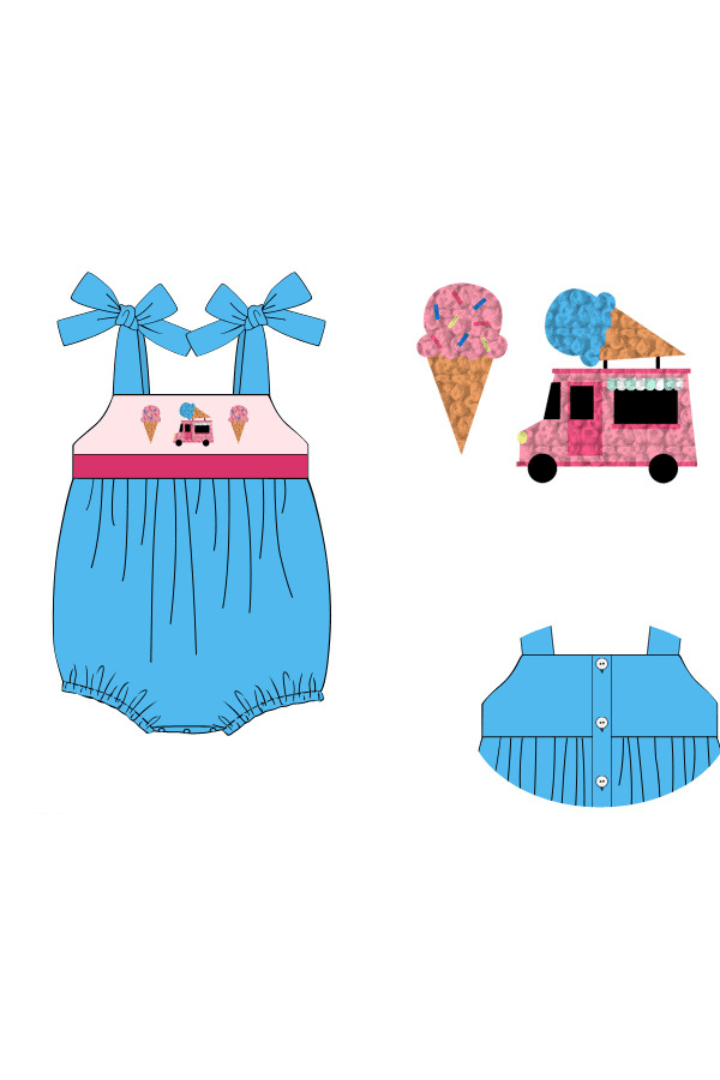 The Smocked Flamingo Apparel & Accessories Pre-Order French Knot Ice Cream Truck Aqua/Pink Knit Bubble