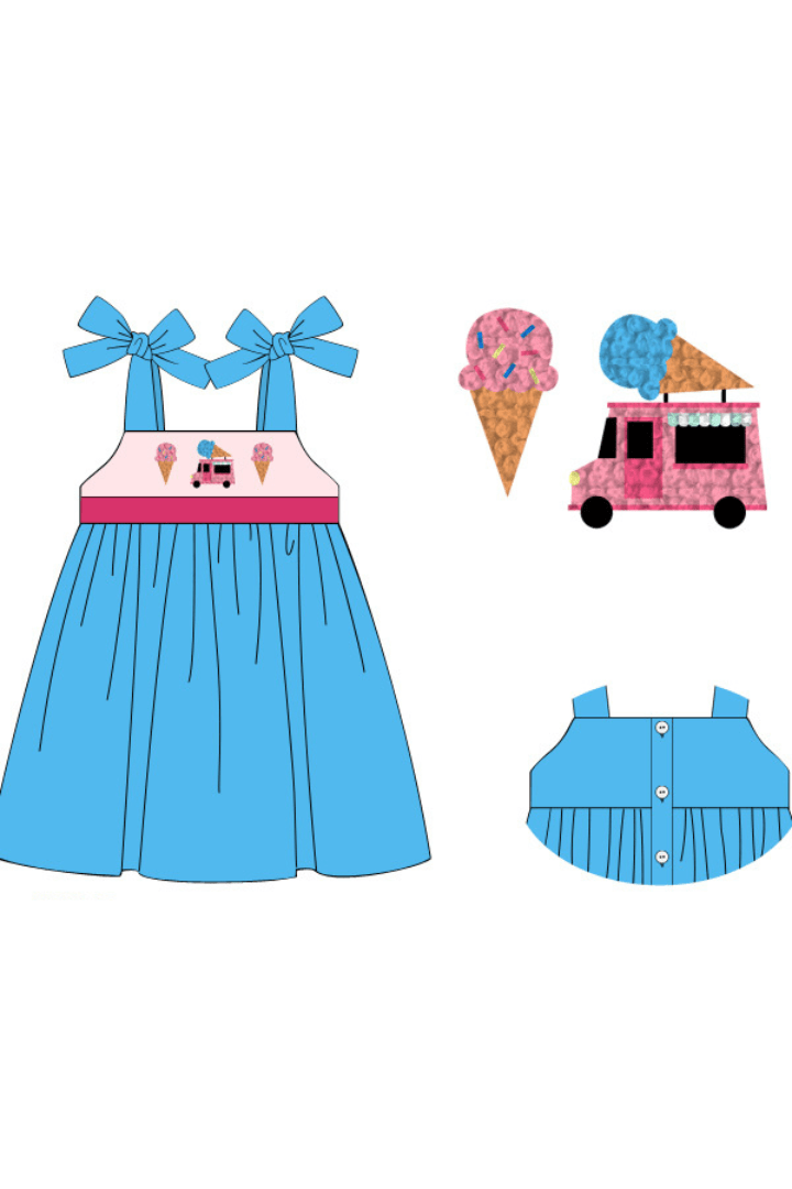 The Smocked Flamingo Apparel & Accessories Pre-Order French Knot Ice Cream Truck Aqua/Pink Knit Dress