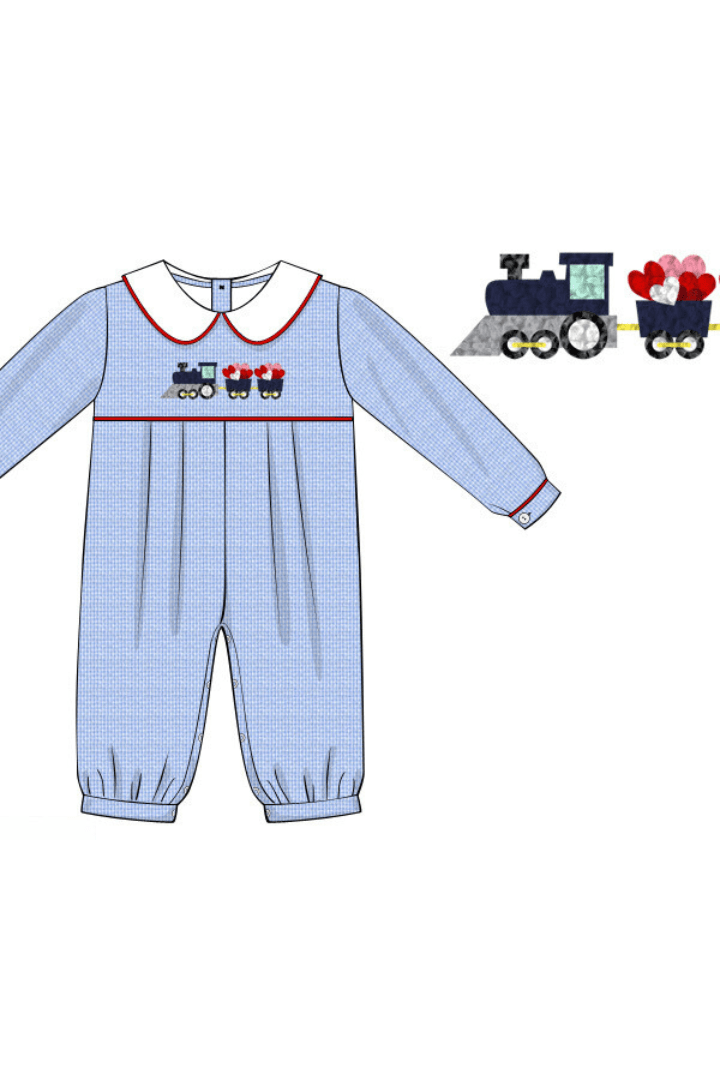 The Smocked Flamingo Apparel & Accessories Pre-Order French Knot Love Train Blue Seersucker Romper