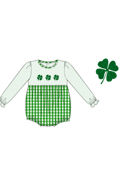 The Smocked Flamingo Apparel & Accessories Pre-Order French Knot Lucky Clover Green Gingham/Bitty Dot Bubble