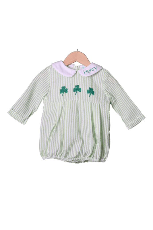 The Smocked Flamingo Apparel & Accessories Pre-Order French Knot Lucky Clover Green Seersucker Bubble