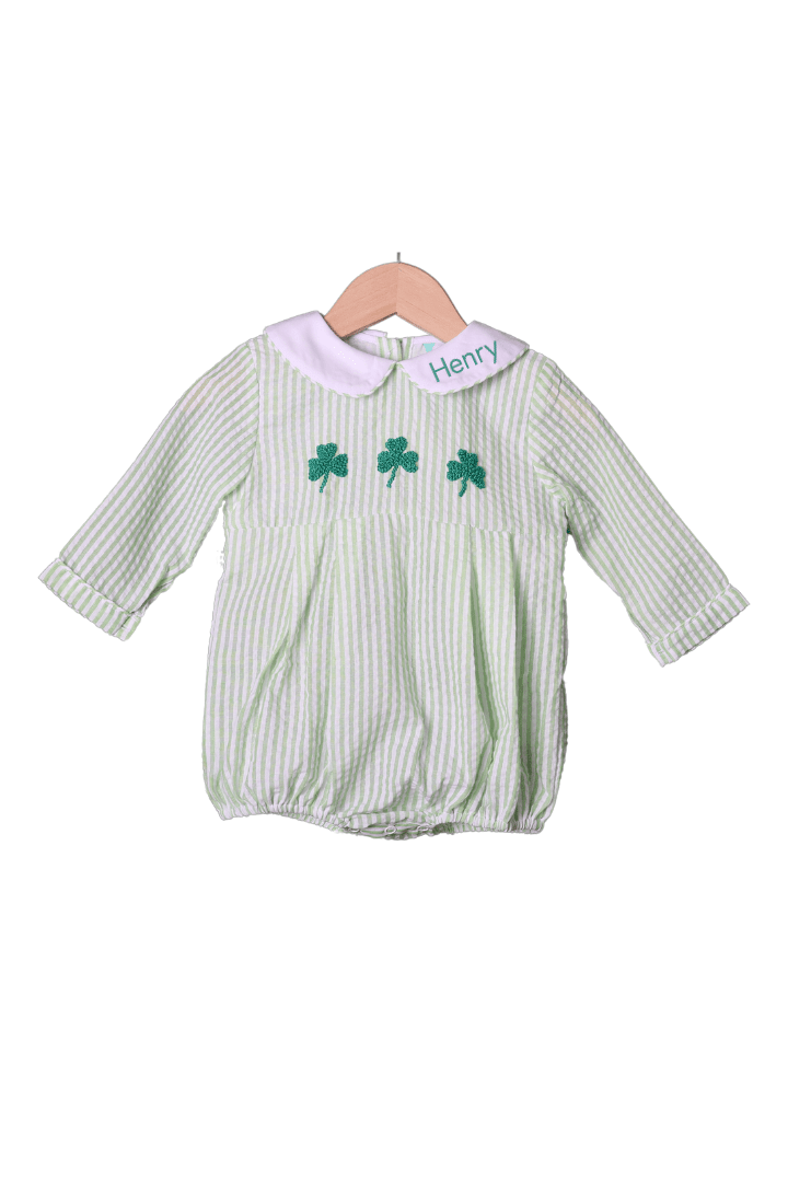 The Smocked Flamingo Apparel & Accessories French Knot Lucky Clover Green Seersucker Bubble
