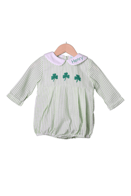 The Smocked Flamingo Apparel & Accessories French Knot Lucky Clover Green Seersucker Bubble