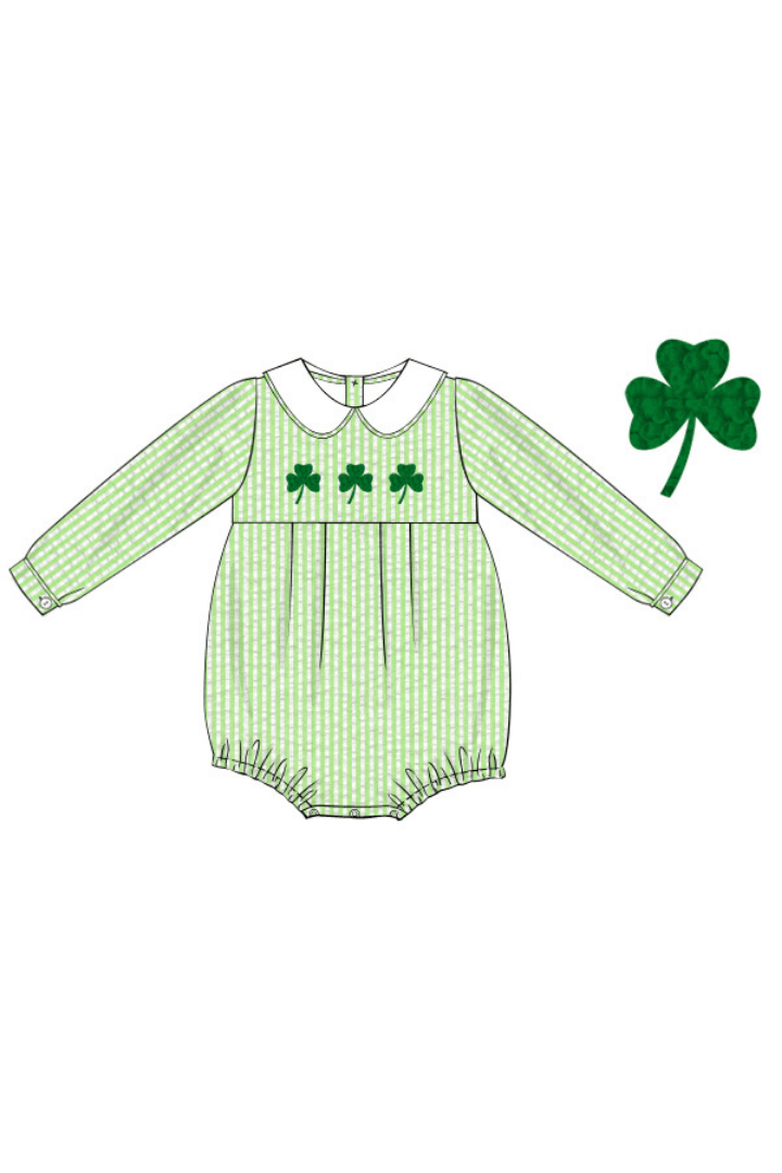 The Smocked Flamingo Apparel & Accessories Pre-Order French Knot Lucky Clover Green Seersucker Bubble