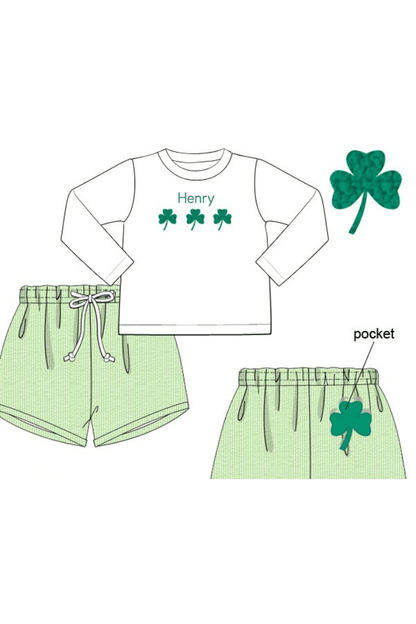 The Smocked Flamingo Apparel & Accessories Pre-Order French Knot Lucky Clover Green Seersucker Short Set