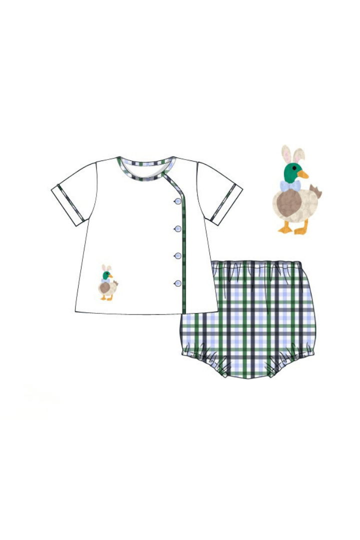 The Smocked Flamingo Apparel & Accessories Pre-Order French Knot Mallard Bunny Plaid Diaper Set