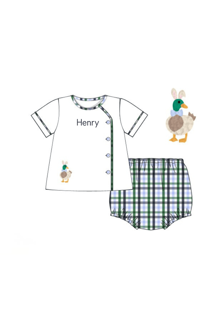 The Smocked Flamingo Apparel & Accessories Pre-Order French Knot Mallard Bunny Plaid Diaper Set